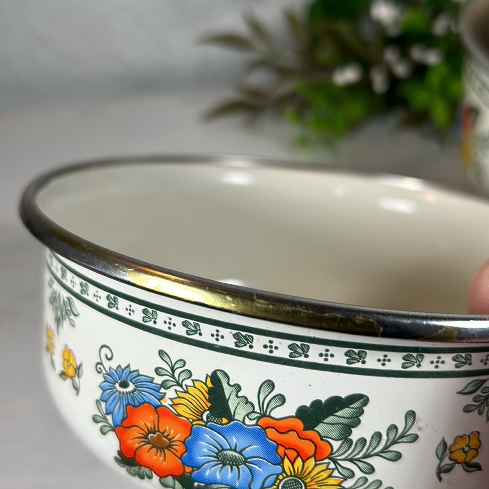 VTG Enamelware Old Amsterdam Floral & Leaf Mixing Nesting Stackable 3 Bowls - Picture 13 of 15